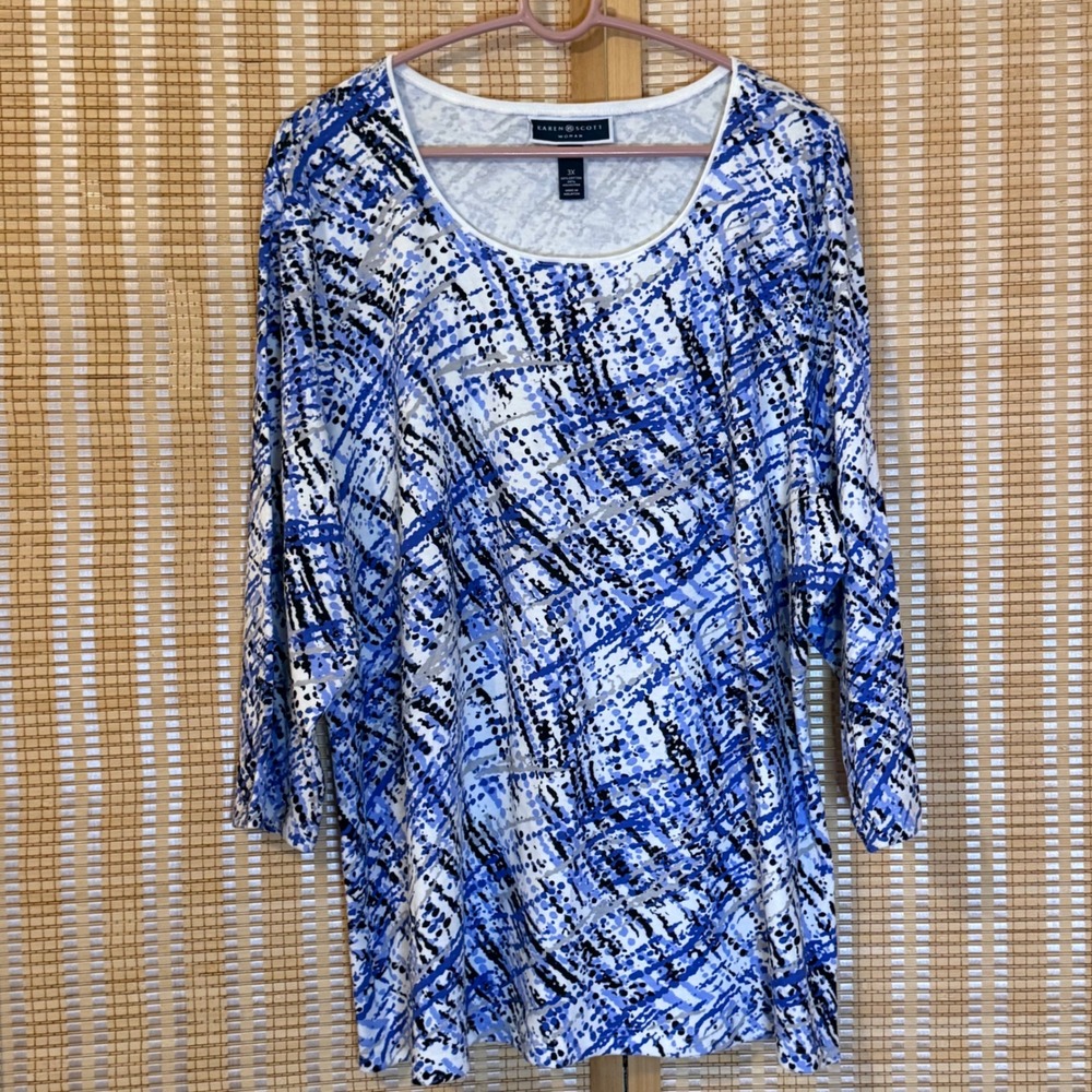 Karen Scott Woman Blue Abstract Print 3/4 Sleeve Scoop Neck Top 3X Lagenlook